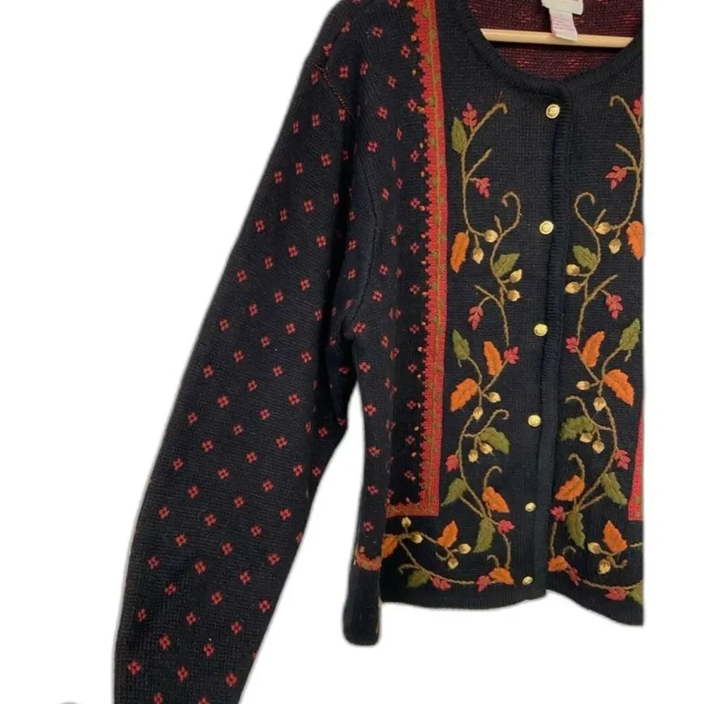 Vintage Crystal Kobe Black Cardigan Embroidered Flowers with Gold Buttons Large